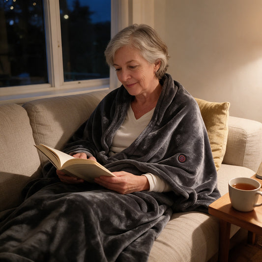 Woman on the couch with the WarmThrow heated throw over her lap and shoulders
