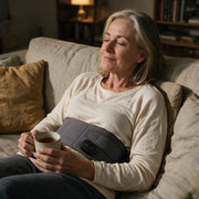 Woman relaxing on the couch with tea, wearing the WarmWrap