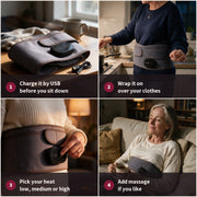 How to use: charge it by USB, wrap it on over your clothes, pick your heat, add massage if you like