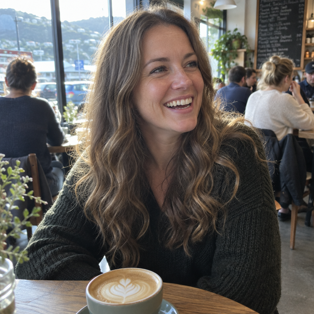 Woman with soft curls laughing in a cafe