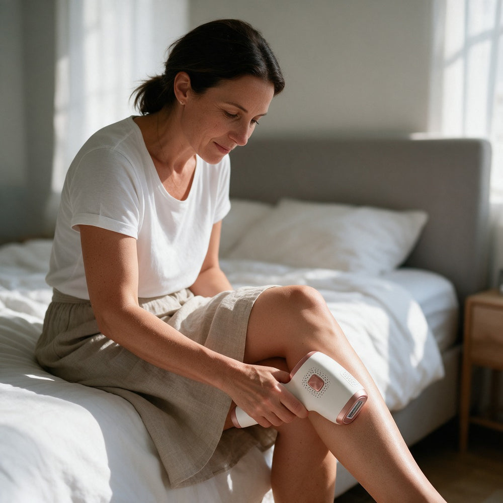 Woman using the SmoothPro on her shin at home